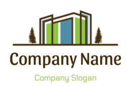 Icon of a modern architectural building with trees on each side, featuring green and blue panels and minimalist design.