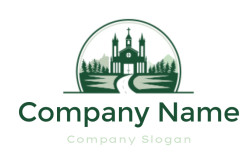 Logo featuring a church silhouette with mountains and forest in the background.