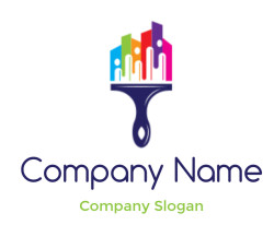 Logo featuring a paintbrush with a colorful city skyline design in rainbow colors.