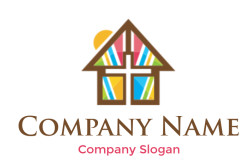 Logo of a house with colorful stained glass and geometric patterns.