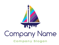 Creative sailboat logo with rainbow-colored sails shaped as a paintbrush.
