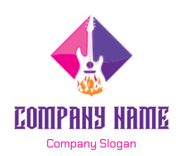 Stylized guitar with a flame design on a pink and purple background.