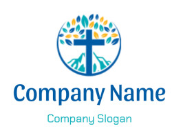 Cross with surrounding colorful tree leaves and mountain design.
