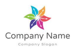 A colorful abstract logo featuring five multicolored leaves arranged in a circular pattern.