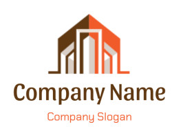 Abstract geometric house logo design with brown and orange colors.