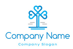 Abstract logo featuring interlocking hearts and keys in blue and teal colors.