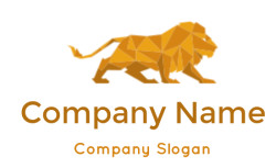 Geometric polygon silhouette of a lion in an abstract orange design.
