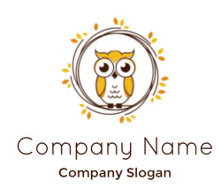 A stylized brown and yellow owl logo encircled by leaves.