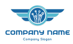 Blue winged logo with a circuit design in the center, symbolizing technology and innovation.