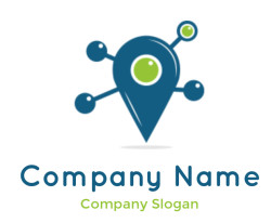 Conceptual network location icon with a pin and connecting nodes.