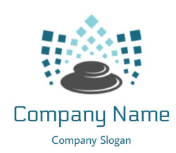 Abstract logo with stacked stones and floating blue diamond shapes.