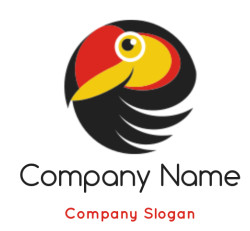 Abstract geometric illustration of a toucan with bold red, yellow, and black colors.