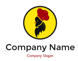 Abstract logo featuring a black rooster with a red chef hat on a yellow background.
