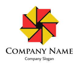 Abstract geometric pinwheel design with red and yellow shapes.