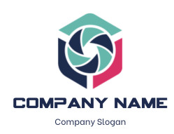 Geometric logo featuring a hexagon with a swirl design in dark blue, teal, and pink.