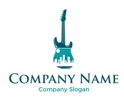 Abstract artistic guitar design featuring a city skyline silhouette.