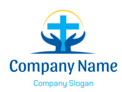 A logo featuring a blue cross with blue hands below and a yellow semicircle above, symbolizing protection and care.