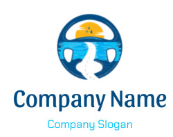 Circular logo featuring a sunrise over blue waves with a winding road and flying birds.