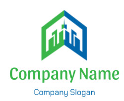 Abstract geometric logo with green and blue interlocking shapes.