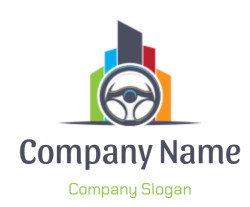 Logo featuring a steering wheel over a colorful city skyline background.