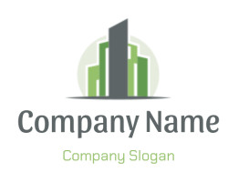 Illustration of a modern city skyline with tall buildings in green and gray.