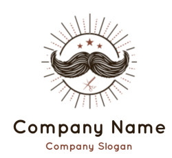 A vintage barber logo featuring a large mustache, scissors, and stars in a circular emblem.