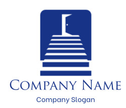 Minimalist illustration of an open door at the top of a flight of steps, in blue silhouette.