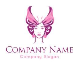 A stylized illustration of a woman's face with butterfly-like elements in shades of pink and purple.