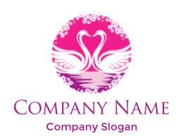 Illustration of two swans forming a heart shape against a pink background.