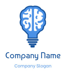 Blue icon of a brain shaped like a lightbulb symbolizing innovation and creativity.