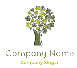 Illustration of a tree made from green puzzle pieces.