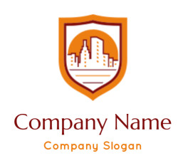 An emblem featuring an urban skyline silhouette within a shield, colored in orange and black.