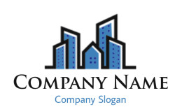 Iconic illustration of a blue city skyline with modern skyscrapers.