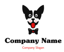 Stylized dog face logo featuring a black silhouette with a red tongue and a bow tie.