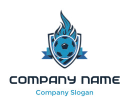 make a sports logo soccer ball with fire in shield and ribbon