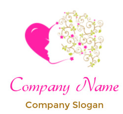 Silhouette with floral hair featuring swirls and leaves on a pink heart background.