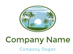 create a landscape logo palm trees with sunset in sea