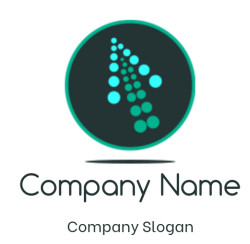 Abstract logo with teal circles forming a dotted pattern on a dark background.