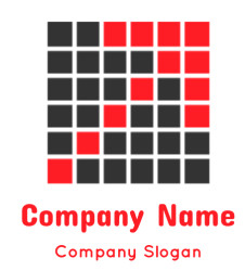 Abstract black grid with red squares creating a geometric pattern.