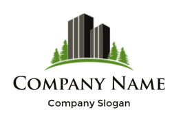 real estate logo illustration buildings with trees over arc