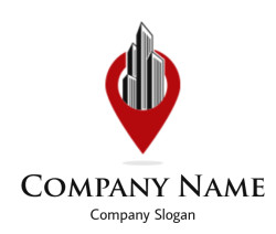 Red map pin icon with a silhouette of buildings inside.