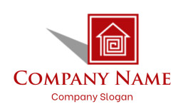Abstract house symbol with a spiral design on a red background.