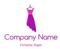 Pink and purple evening gown hanging on a hanger.