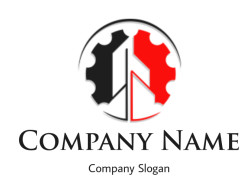 Black and red circular GMS industrial logo with gear-like edges and geometric shapes.