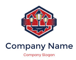 Retro street lamp logo design with a red and blue color scheme in a hexagonal shape.