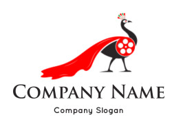 Stylized peacock logo featuring red and black colors with a distinctive tail design.