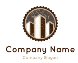 Round emblem depicting a vintage urban skyline with distressed skyscrapers in brown tones.