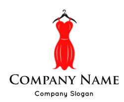 Illustration of an elegant red cocktail dress on a hanger.