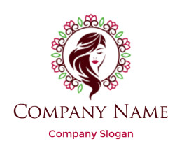 Stylized feminine silhouette with long hair surrounded by a decorative floral frame.