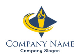 Blue and yellow emblem with a torch in the center of a star shape.